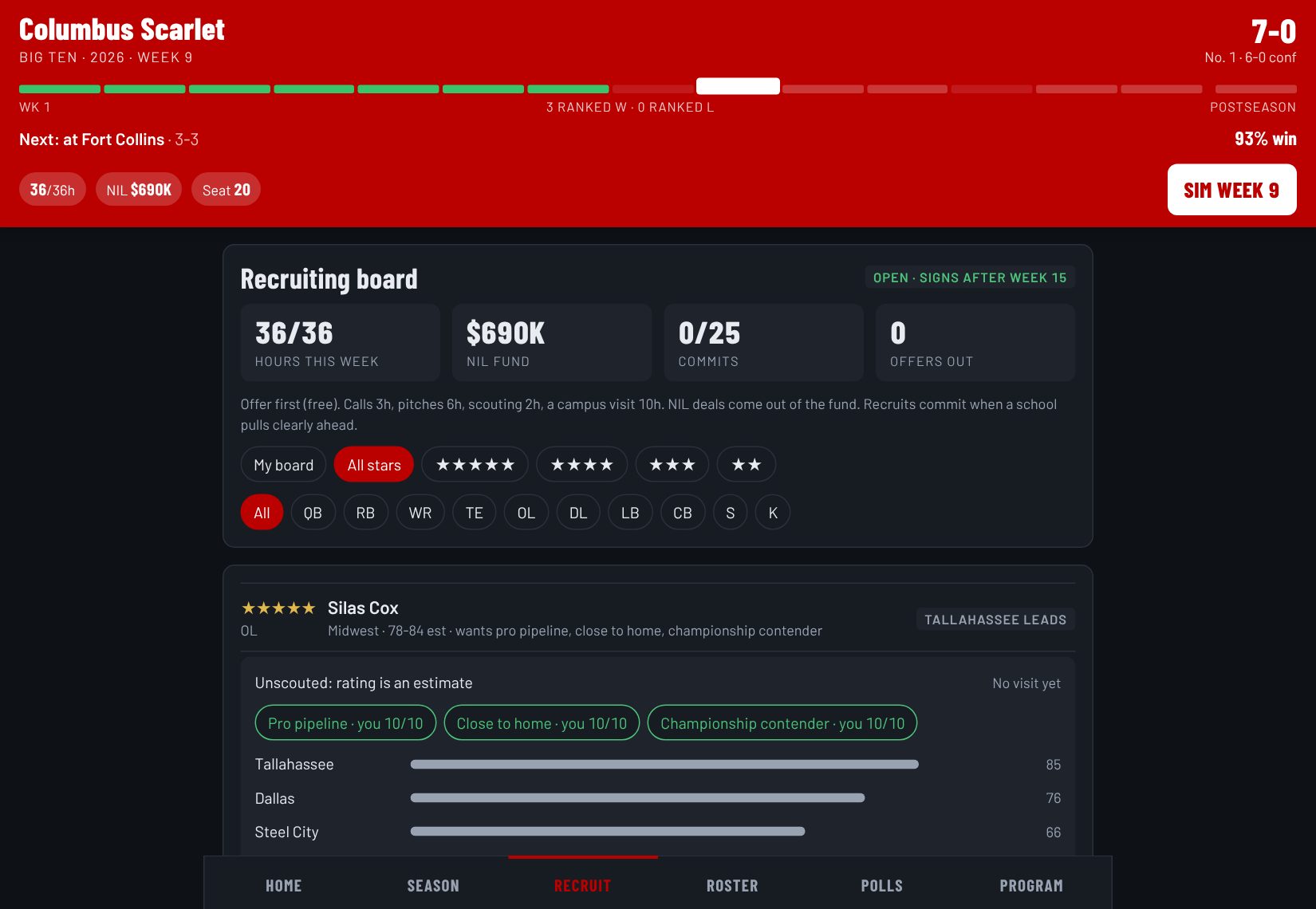 Recruiting board with interest bars for each school
